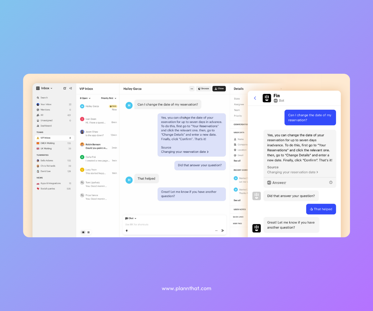 Screenshots of the Intercom conversational AI platform depicting AI-led customer engagement. 