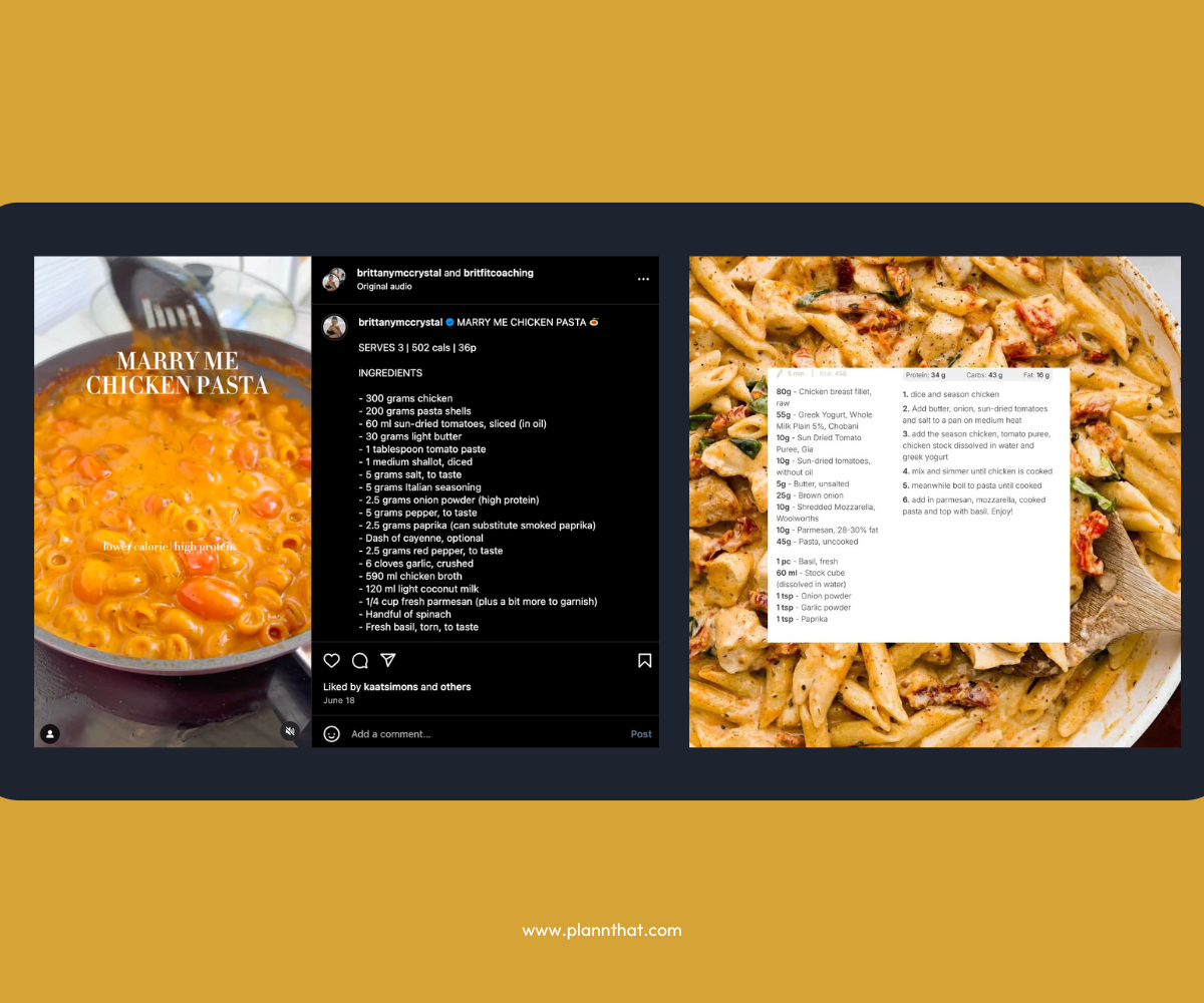 Two Instagram screenshots of a ‘marry me chicken pasta’ recipe.