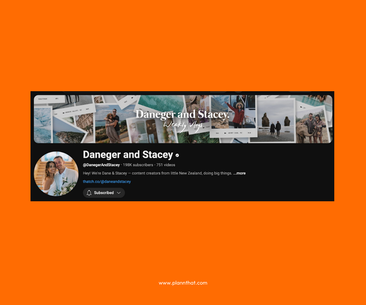 A screenshot of Daneger and Stacey’s YouTube channel, including a banner with copy that reads ‘Daneger and Stacey Weekly Vlogs’ and travel photos of a couple. 